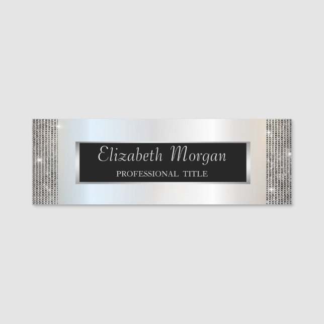 Elegant Stylish, Silver  Frame Sequins Name Tag (Front)