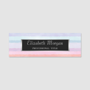 Elegant Stylish, Silver Frame,Watercolor Stripes Name Tag