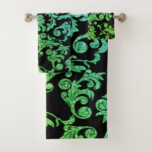Elegant Stylish Silver Swirls Green Bath Towel Set