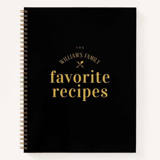 Elegant Stylish Trendy Black and Gold Blank Recipe Notebook (Front)