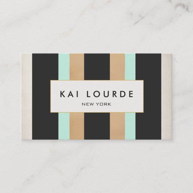 Elegant Stylish Turquoise Gold and Black Striped Business Card (Front)