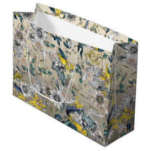 Elegant Stylish Vintage Gold Yellow Grey Floral Large Gift Bag