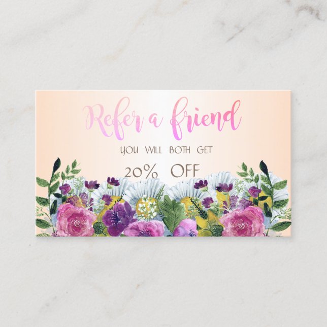 Elegant Stylish Watercolor  Floral Referral Card (Front)