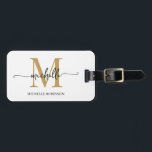 Elegant Stylish White Gold Monogram Initial Script Luggage Tag<br><div class="desc">Girly Stylish Modern Elegant White and Gold Monogram Initial Name Script Custom Personalised Personalised Luggage Bag Tag. This design featuring a first name in a pretty hand lettered swash tail font calligraphy (or typography) with monogram initial, full name, address info in gold and black colour on white colour background. These...</div>