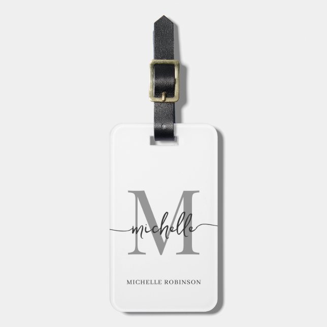 Elegant Stylish White Grey Monogram Initial Script Luggage Tag (Front Vertical)