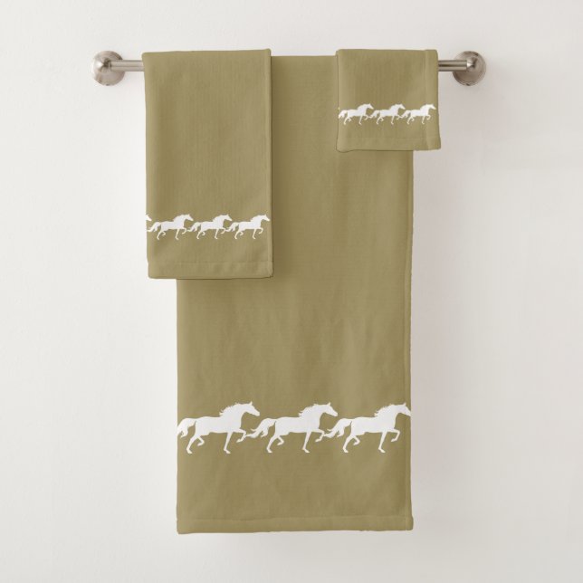 Elegant Stylish White Horses on Lucky Beige Bath Towel Set (Insitu)