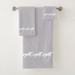Elegant Stylish White Horses on Silver Grey Bath Towel Set