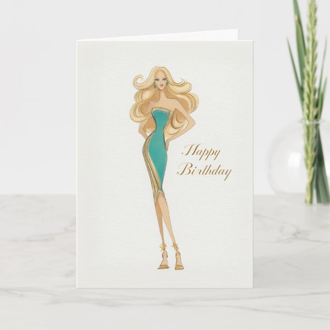 Elegant Stylish Woman in Teal Dress Birthday Card (Front)
