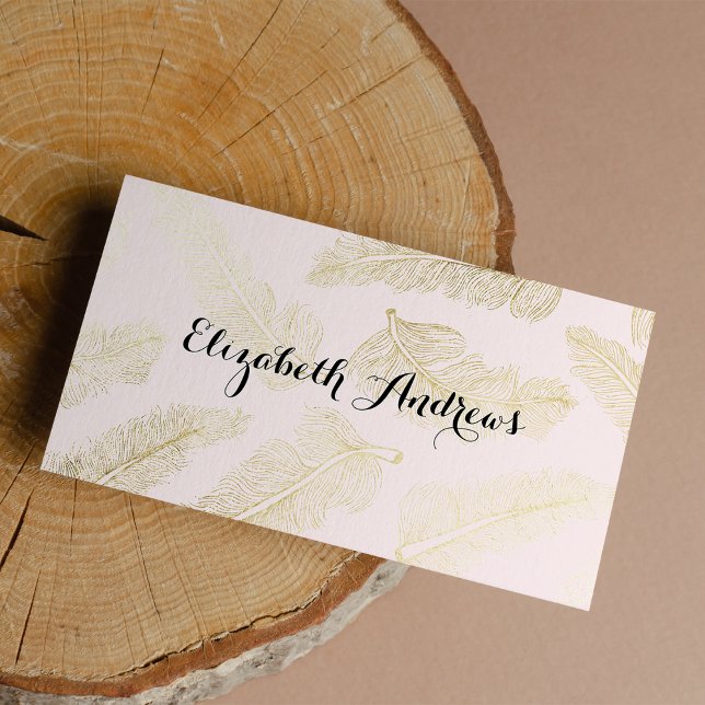Elegant stylist faux gold foil blush pink feathers business card (Elegant stylist faux gold foil blush pink feathers)