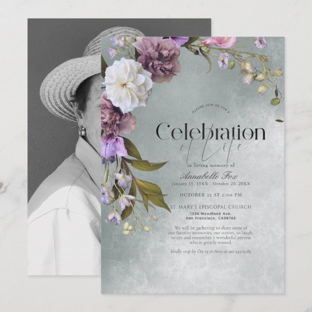 Elegant Subtle Green Floral Funeral Memorial Invitation (Front/Back)