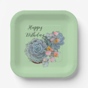 Elegant Succulent Cactus Floral "Happy Birthday" Paper Plate