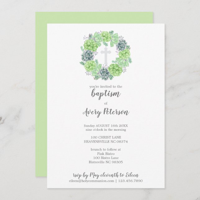 Elegant Succulent Cross Baptism Religious Invitation (Front/Back)