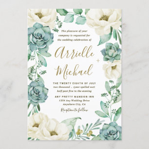 Elegant Succulent Watercolor Ivory Floral Wedding Invitation