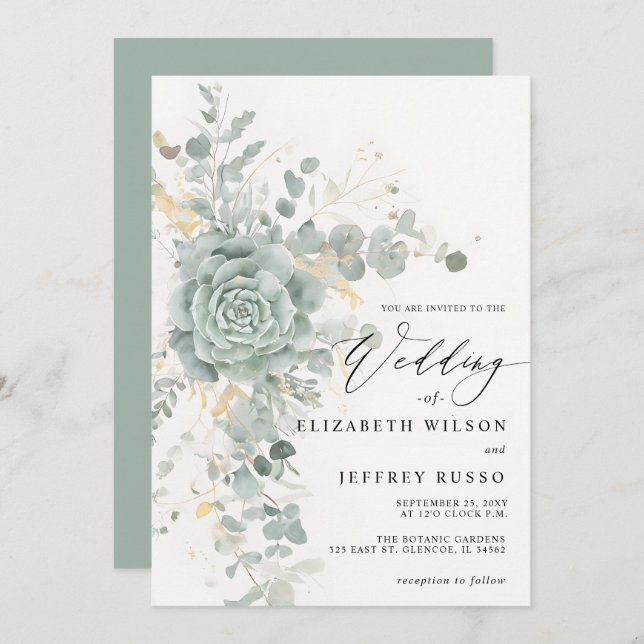 Elegant Succulents Gold Greenery Wedding  Invitation (Front/Back)
