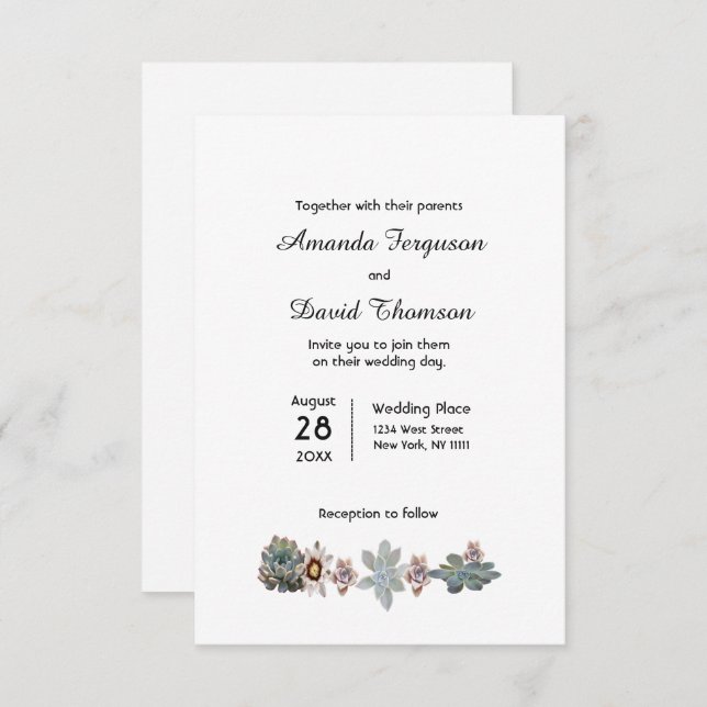 Elegant succulents on white wedding invitation (Front/Back)