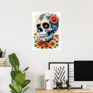 Elegant Sugar Skull with Flowers Poster
