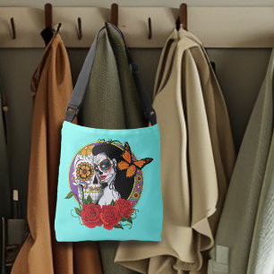 Elegant Sugar Skulls Monarch Red Roses Art Nouveau Crossbody Bag