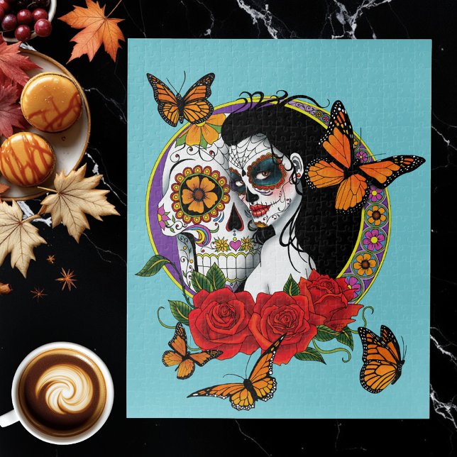 Elegant Sugar Skulls Monarch Red Roses Art Nouveau Jigsaw Puzzle (Creator Uploaded)