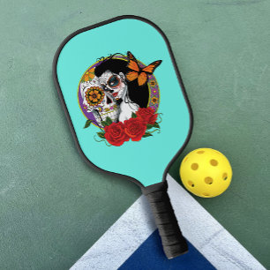 Elegant Sugar Skulls Monarch Red Roses Art Nouveau Pickleball Paddle