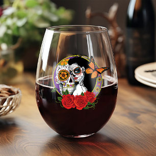 Elegant Sugar Skulls Monarch Red Roses Art Nouveau Stemless Wine Glass