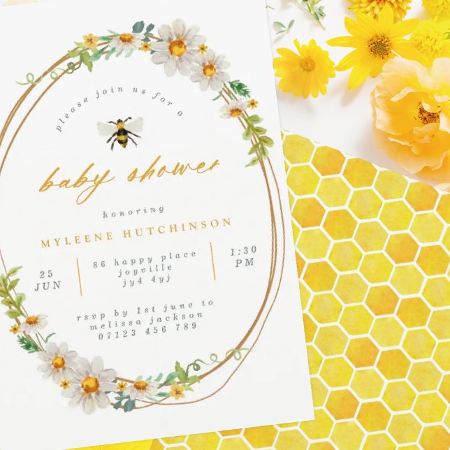 Elegant Summer Daisies and Bee Baby Shower Invitation (Creator Uploaded)