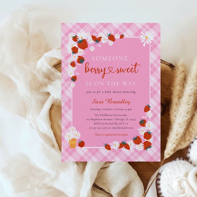 Elegant Summer Daisy Berry Sweet Baby Shower Invitation (Someone berry sweet is on the way Summer Daisy and Strawberry with a Pink Plaid Pattern background)