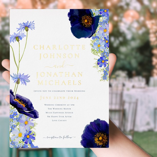 Elegant Summer Floral Blue and Gold (Elegant Blue summer floral watercolor and stylish Gold Foil typography script wedding invitation )