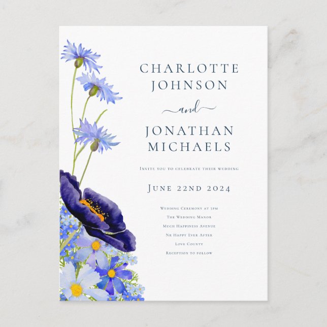 Elegant Summer Floral Blue  Invitation Postcard (Front)