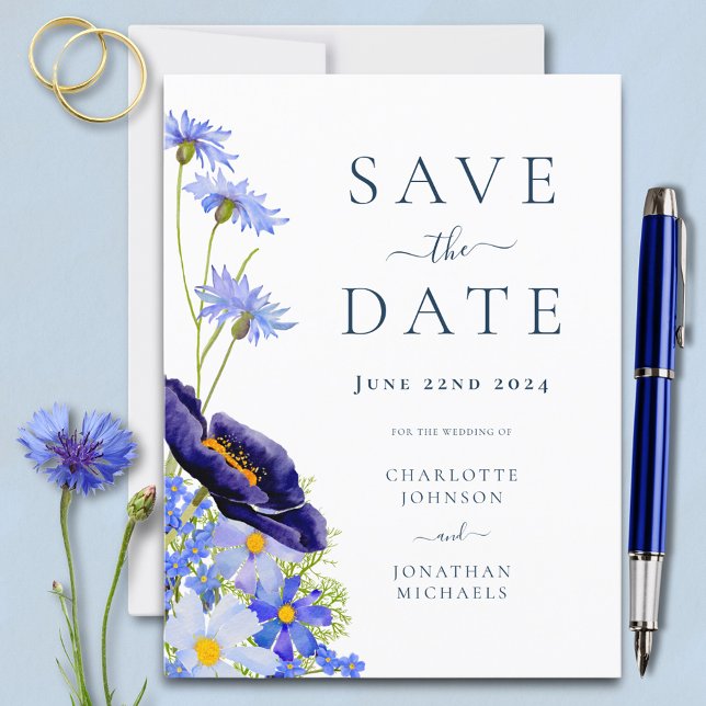 Elegant Summer Floral Wedding Invitation Postcard (Modern blue floral wedding save the date budget invitation postcard with watercolor wildflowers )
