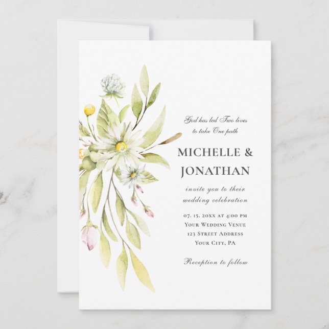 Elegant Summer Flowers Greenery Christian Wedding Invitation (Front)