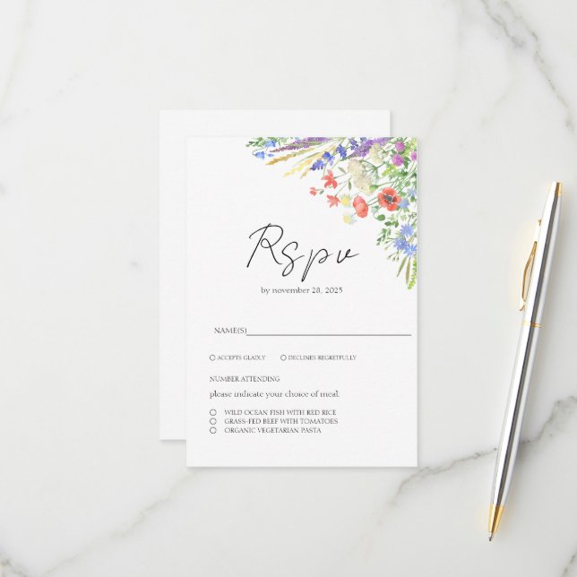 Elegant Summer Meadow Wildflowers Wedding RSVP Card (Front/Back In Situ)