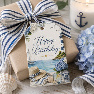 Elegant Summer Seaside & Hydrangeas Happy Birthday Gift Tags