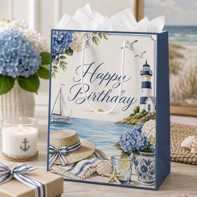 Elegant Summer Seaside & Hydrangeas Happy Birthday Medium Gift Bag (Creator Uploaded)