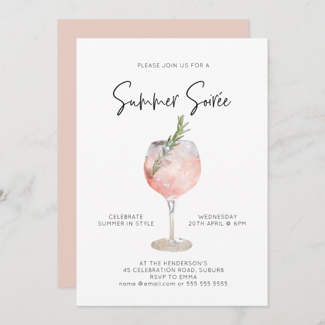 Elegant Summer Soiree Drinks Cocktail Party Pink Invitation (Front/Back)
