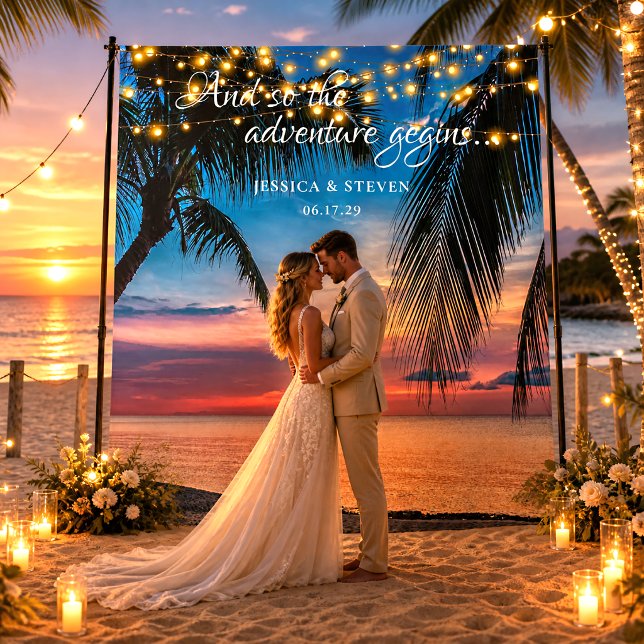 Elegant Summer Sunset Palm Beach Wedding Backdrop Tapestry (Creator Uploaded)