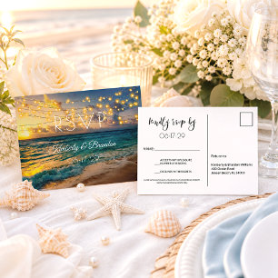 Elegant Summer Sunset Tropical Beach Wedding RSVP Postcard
