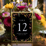 Elegant Summer Wildflower Black Wedding Table Number<br><div class="desc">Elegant wildflower wedding table number cards featuring the table number, your names, and wedding date displayed in green lettering surrounded by a frame of watercolor flowers and foliage in shades of golden yellow, pink, and purple with a black background. The watercolor wildflower table number cards are perfect for spring and...</div>