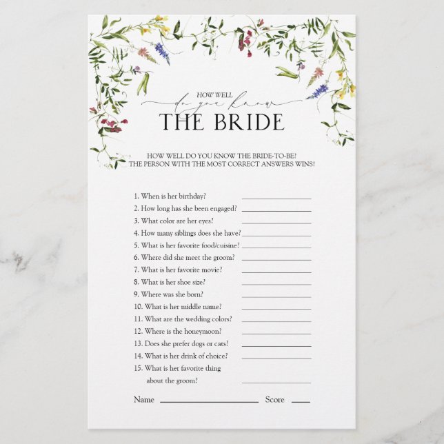 Elegant Summer Wildflower Bridal Shower Game (Front)