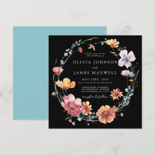 Elegant Summer Wildflower Square Black Wedding Invitation