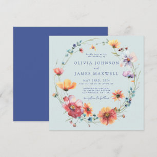 Elegant Summer Wildflower Square Blue Wedding Invitation