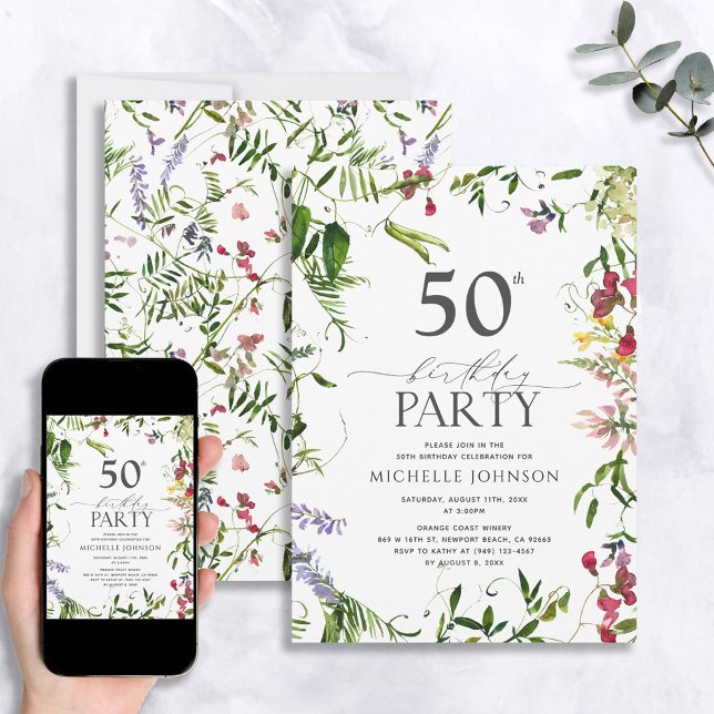 Elegant Summer Wildflower Watercolor 50th Birthday Invitation (Creator Uploaded)