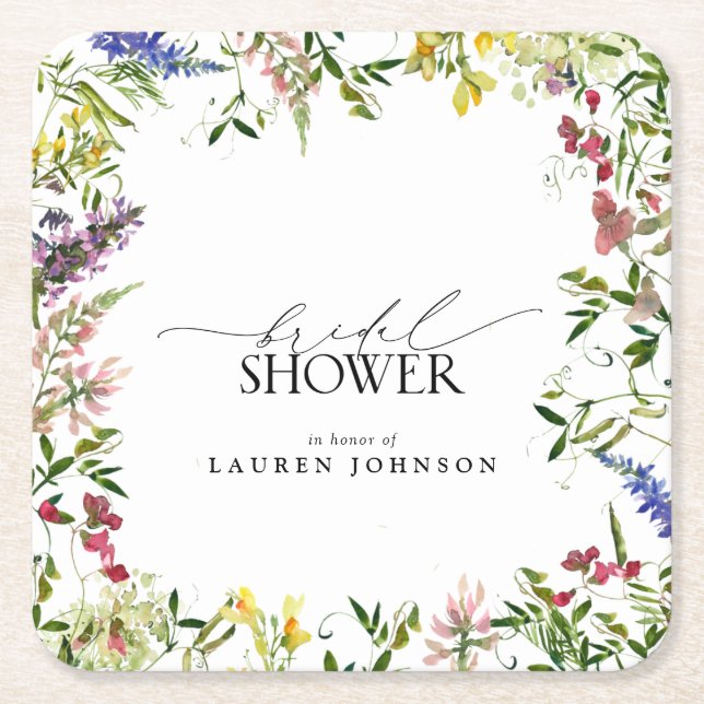 Elegant Summer Wildflower Watercolor Bridal Shower Square Paper Coaster (Front)