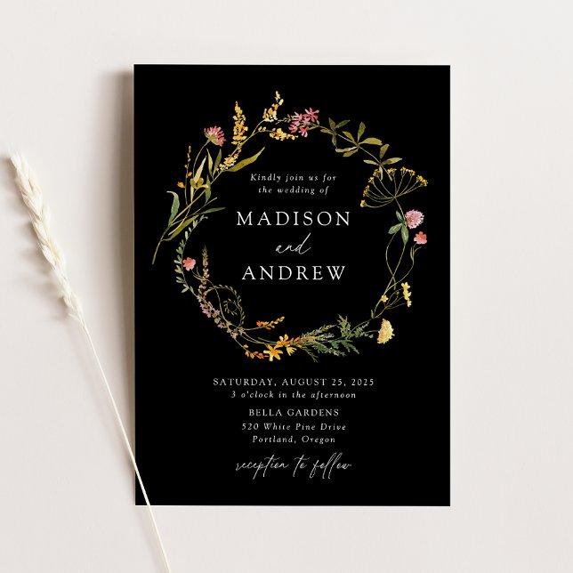 Elegant Summer Wildflower Wreath Black Wedding Invitation (Creator Uploaded)
