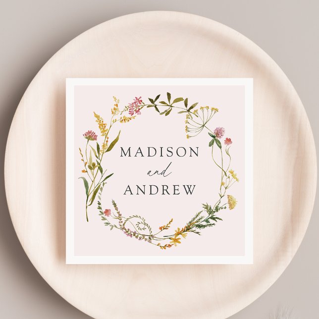 Elegant Summer Wildflower Wreath Blush Wedding Napkin (Creator Uploaded)