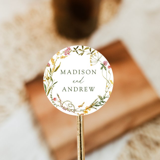 Elegant Summer Wildflower Wreath Wedding Classic Round Sticker (Creator Uploaded)
