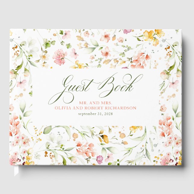 Elegant Summer Wildflowers Wedding Guest Book (Front)
