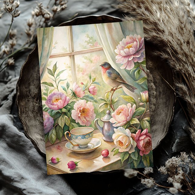 Elegant summer window with bird pink peonies tissue paper (Elegant summer window with bird pink peonies tissue paper)
