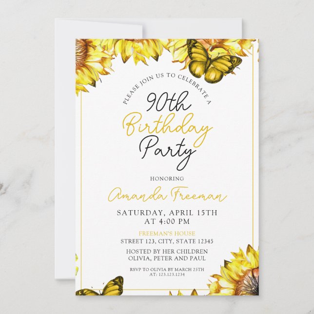 Elegant Sunflower 90th Birthday Invitation (Front)