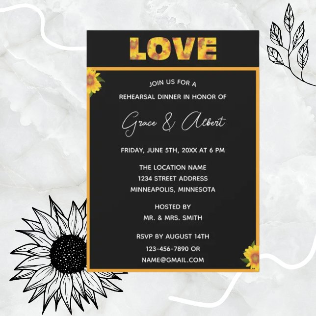 Elegant Sunflower Black Backdrop LOVE Rehearsal  Invitation (Creator Uploaded)
