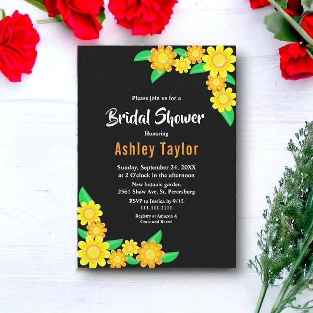 Elegant Sunflower Boho Black Floral Bridal Shower Invitation (Creator Uploaded)
